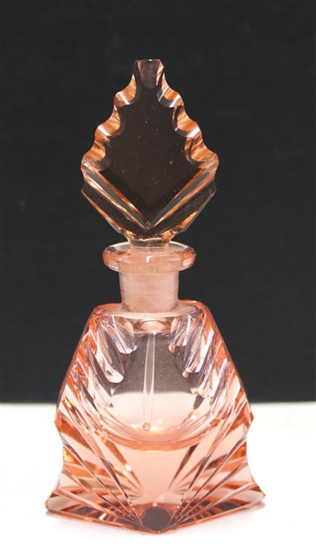 Czech Pink Crystal Perfume Bottle with Original Long Stopper - Made in Czechoslovakia on Bottom - Bottle Measures 5" Tall 