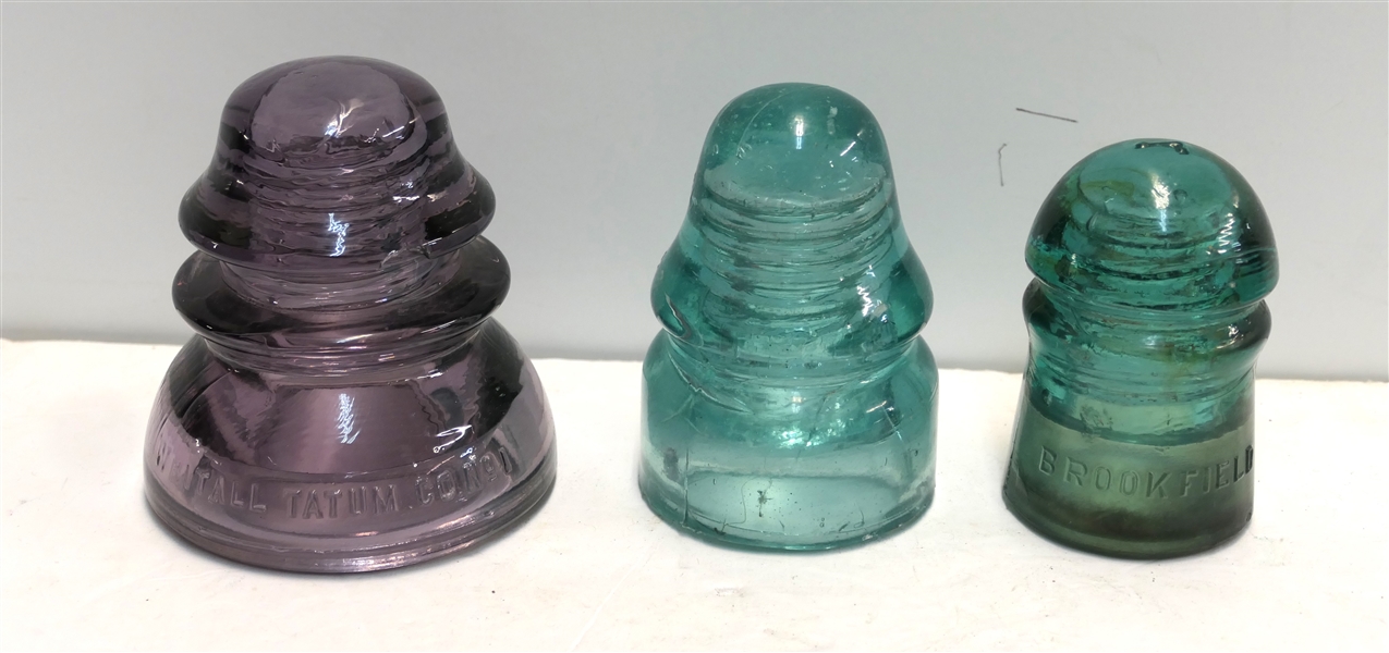 3 Glass Insulators - Amethyst 4", Light Blue 4" and Teal 3 1/2" 