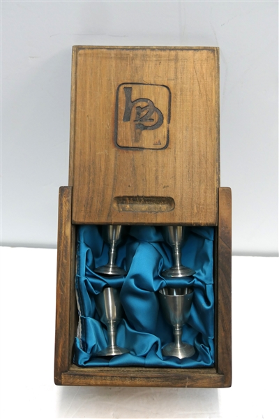 Set of 4 Pewter Cordials in Custom Fitted Wood Box - Blue Satin Lined with Sliding Lid - Box Marked HP - Cordials Measure 2 3/4" Tall 