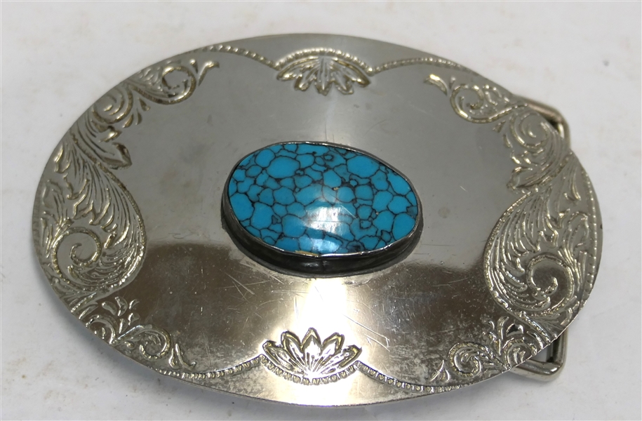 Silver Tone Oval Belt Buckle with Oval Turquoise Stone - Buckle Measures 2 1/4" by 3 1/4"