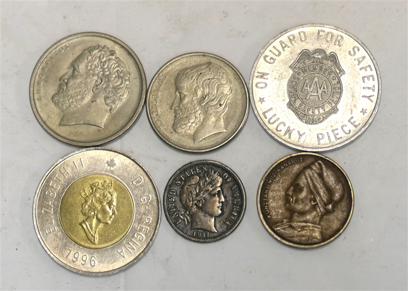 1911 Silver Barber Dime, Canada 2 Dollar 1941 AAA Safety Token, and 3 Greek Coins 