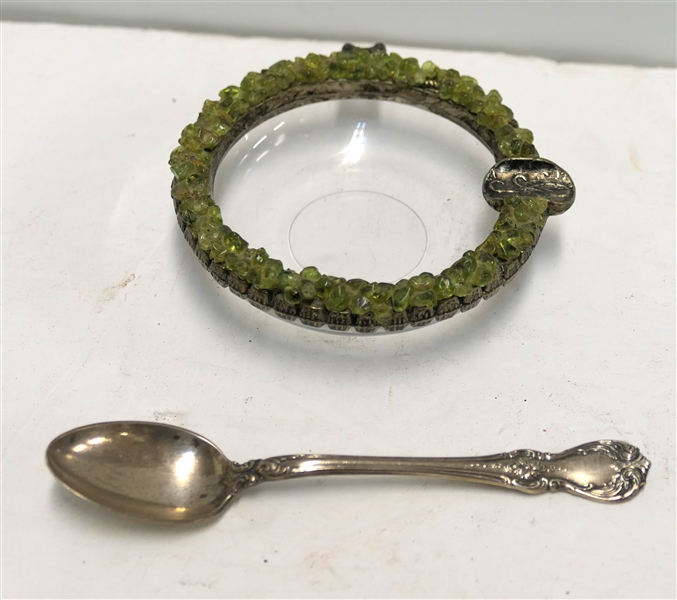 Towle "Old Master" Coffee Spoon and Glass Ash Tray With Green Crystal Rim - Spoon Measures 4 1/4" Long