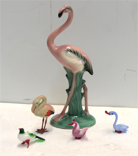 Collection of Birds -Ceramic Flamingo Signed WG, Miniature Blown Glass Birds (Pink Birds Wing Tip Is Broken), and German Flamingo with Metal Legs - Largest Flamingo Measures 7 1/2" Tall 