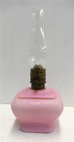 Peach Blow Miniature Oil Lamp - Glass Chimney - Tiny Nick on Bottom Edge - Lamp Measures 4" To Burner