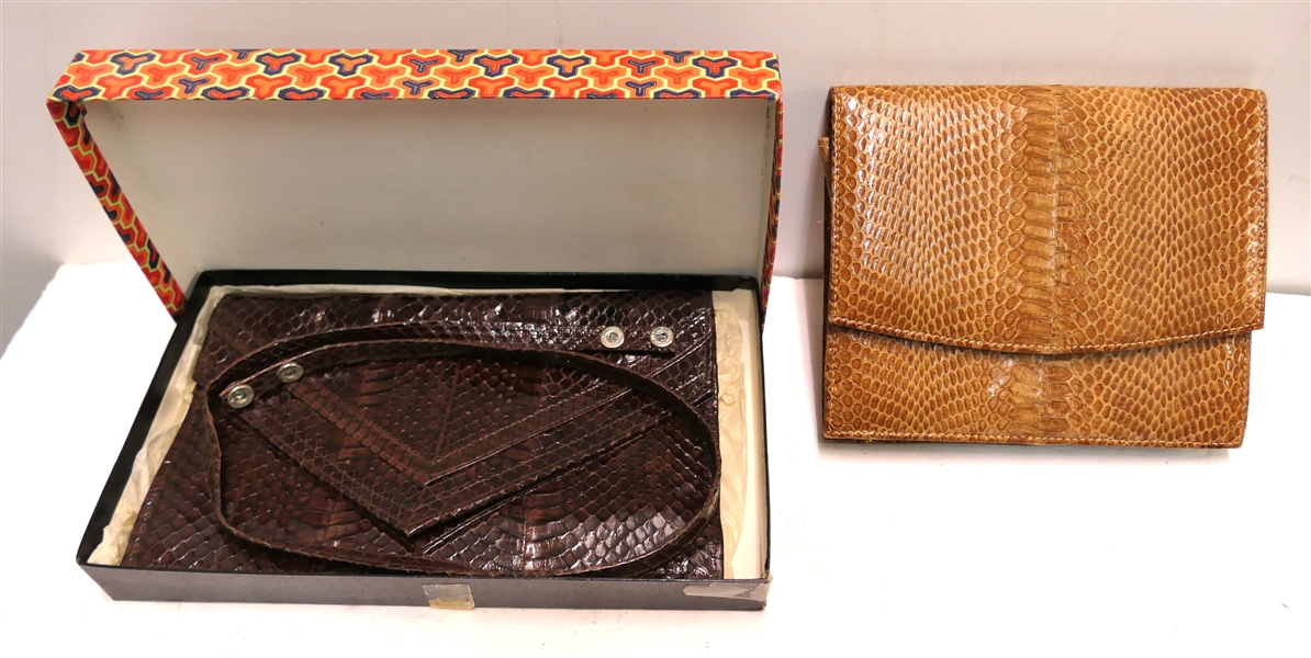 2 Vintage Snake Skin Purses - Brown Snake Skin Envelope Purse with Removable Strap in Original Box and Light Brown / Tan Snake Clutch Purse