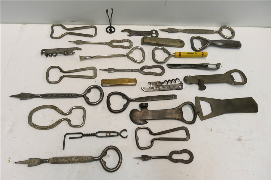 Collection of Antique and Vintage Church Key Bottle Openers - Advertising Openers including Green Stamps, Malt, Beer, Hersheys Chocolate, 