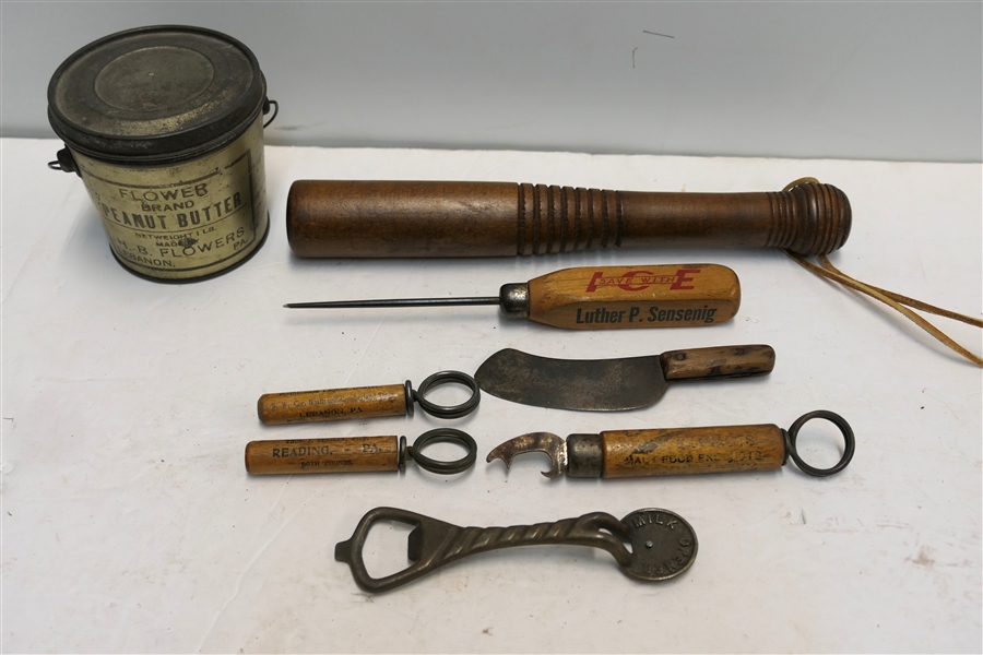 Collection of Advertising Pieces including Milk Opener, Wood Handled Ice Pick, Wood Handled Advertising Openers, Knight Stick, Wood Handled Cork Screws, and Flower Brand Peanut Butter Tin 