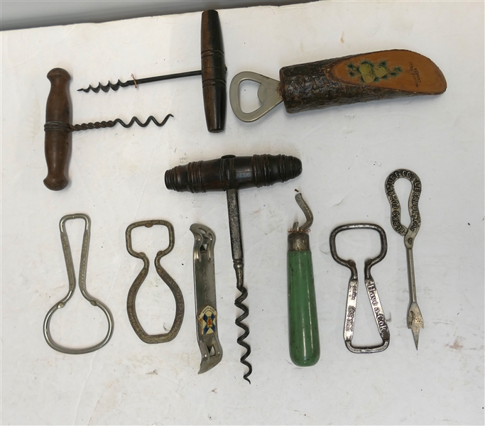 Collection of Antique Openers including Oca Cola, Wood Handled, Church Keys, and Corks Screws