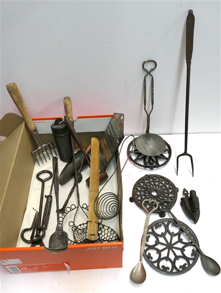 Collection of Antique Kitchen Tools - Advertising Ice Pick, Graters, Tenderizer, Nutmeg Grater, Egg Separator, Pure Milk Opener / Ladle, Orange Crush Opener / Stirrer, Fork, and 3 Iron Trivets 