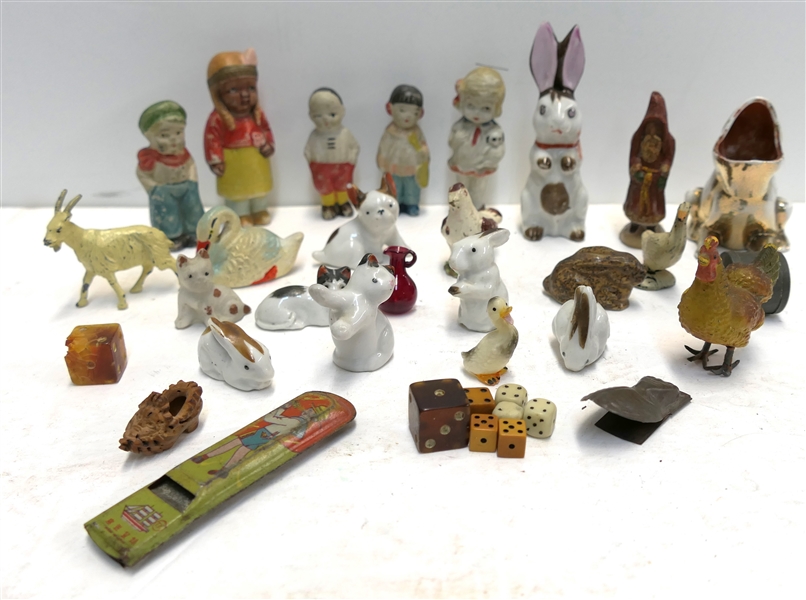 Lot of Tchotchke including Frogs, Rabbits, Tin Litho Toys, Cats, Ducks, Swans, Whistle, Chicken, Cricket Clicker, Dice,  Etc. 