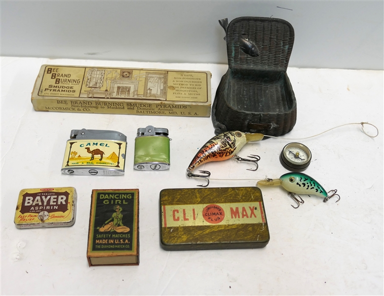 Gatlinburg Tennessee Souvenir Trout Basket, Wood Fishing Lures, Bee Brand Burning Pyramids, Bayer Aspirin Tin, Camel Lighter, Climax Tin, Matches, Etc. 