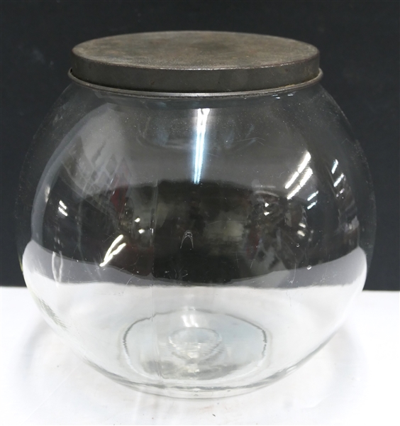 Round Kitchen Cabinet Jar with Tin Lid  - Ribbed Top - Jar Measures 7 1/2" Tall 