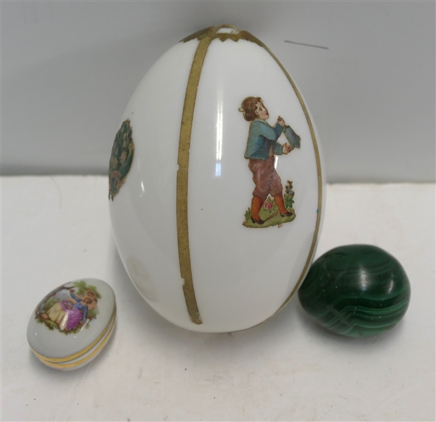 Victorian Decoupage Milk Glass Easter Egg, Limoges France Egg Pill Box, and Malachite Stone Carved Egg 