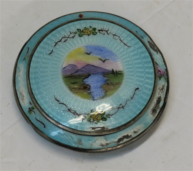 Pretty Enamel Compact - Possibly Silver - Beautiful River Scene On Top- Compact Measures 2 1/8" Across - Some Enamel Wear on Back 