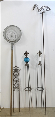 4 Iron Garden Art Pieces and Wire Fishing Net - Trellis Pieces Measure 46 Tall - Blue Glass Orb is Cracked 