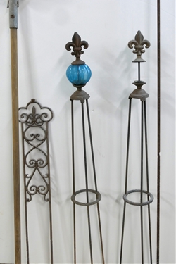 4 Iron Garden Art Pieces and Wire Fishing Net - Trellis Pieces Measure 46 Tall - Blue Glass Orb is Cracked 