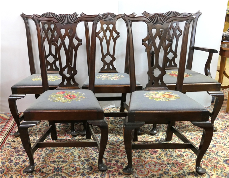 6 - Pegged Mahogany Chippendale Chairs - 4 Side Chairs and 1 Captains Chair - Blue Floral Needle Point Seats - Queen Anne Feet - Shell Carved Backs - Overall Pegged Construction with Mortised...