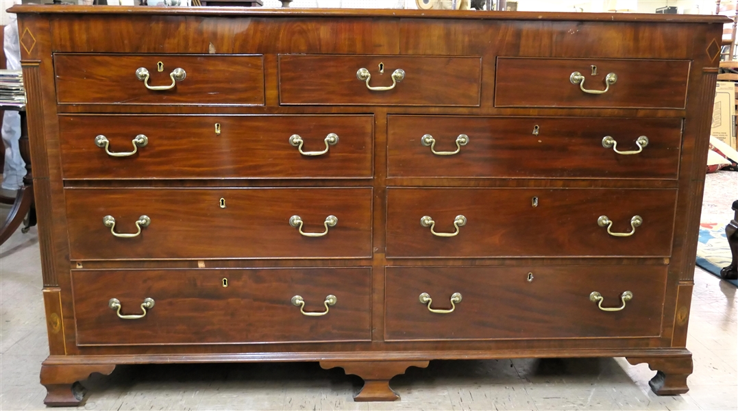 Early 19th Century English Chippendale Dresser with Intricate Inlaid Leaves Near Feet - Diamond Inlay Over Reeded Pilasters - 9 Drawers - Missing Few Pieces of Inlay - Dresser Measures 41 1/2" Tall...