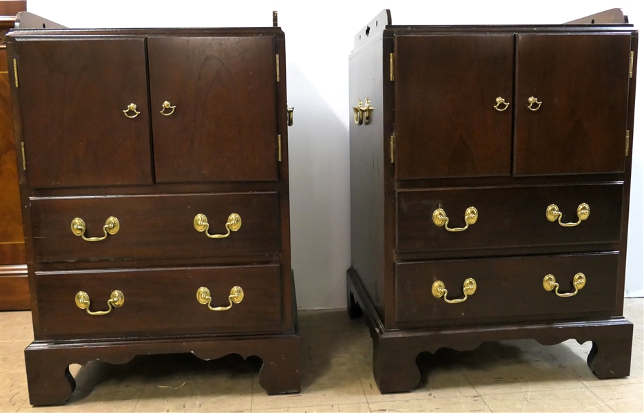 Pair of Nice Mahogany Bedside Cabinets  -Double Door Cabinets Over 2 Dovetailed Drawers -  Substantial Brass Hardware - Pierced Gallery - Each Measures 30 1/2" Tall 20" by 20" - Including Gallery 