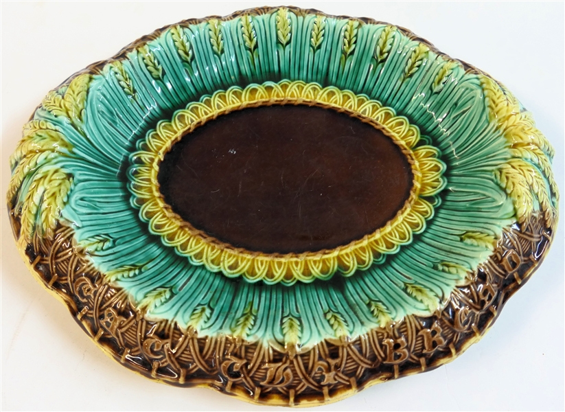 19th Century Majolica Wheat Bread Tray "Eat Thy Bread with Thankfulness" - Plate Measures 13" by 11" 