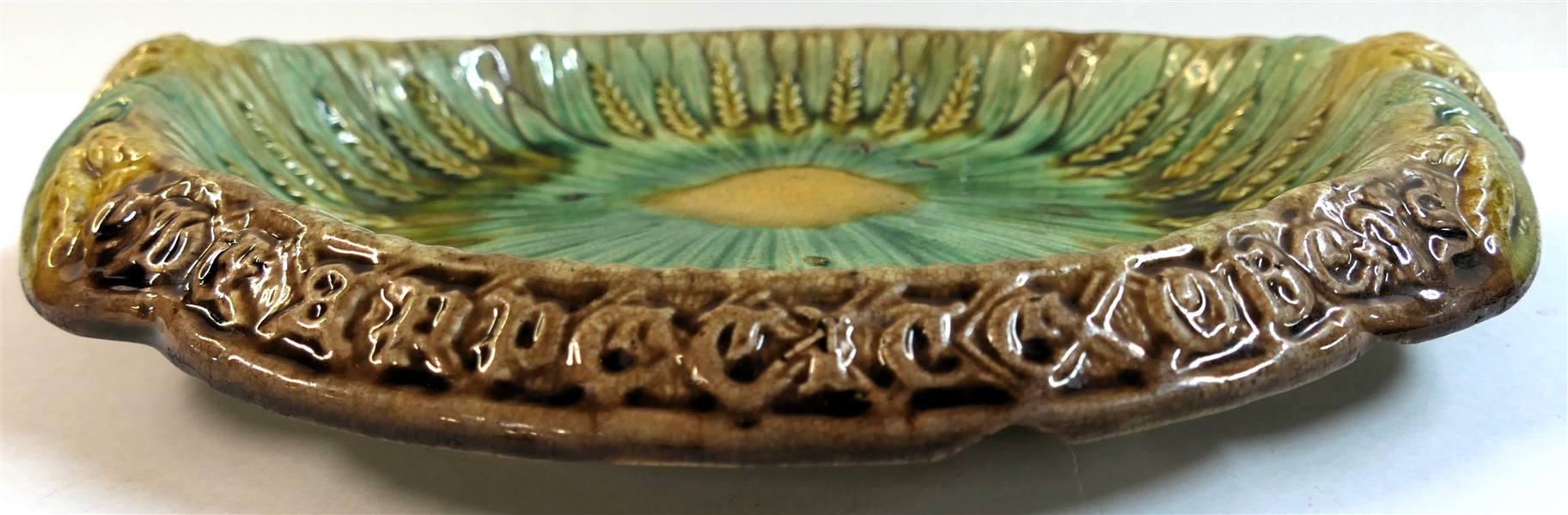 19th Century Majolica Wheat Bread Tray "Where Reason Rules Appetite Obeys" - Plate Measures 13" by 11" 