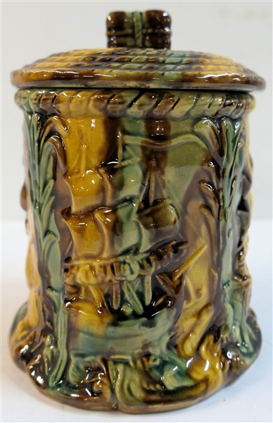 19th Century Majolica Lidded Jar with Sailing Ships - Rope Style Lid - Jar Measures 4" Tall 3 1/4" Across - 1703 Incised on Bottom 