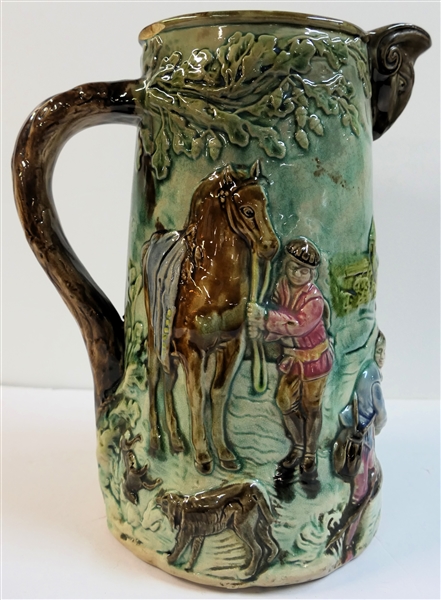 French Majolica Pitcher with Embossed with Horses and Figures - Pitcher Measures 10" Tall - Crack on Side - See Photo 