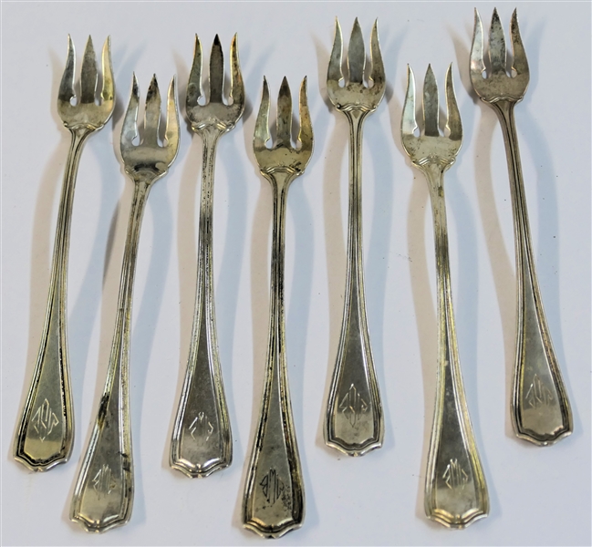 7 - Reed & Barton Sterling Silver "Hepplewhite" Pattern 3 Tine Olive Forks - Each Measures 5 1/4"  Long - All Monogrammed - 130.8 Grams Total Weight