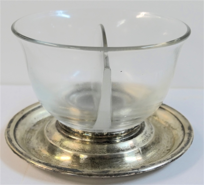 Crystal Divided Bowl with Substantial Sterling Silver Base -Measures 3 1/2" Tall Base Measures 5 3/4" Across - 574.3 Grams Total Weight 