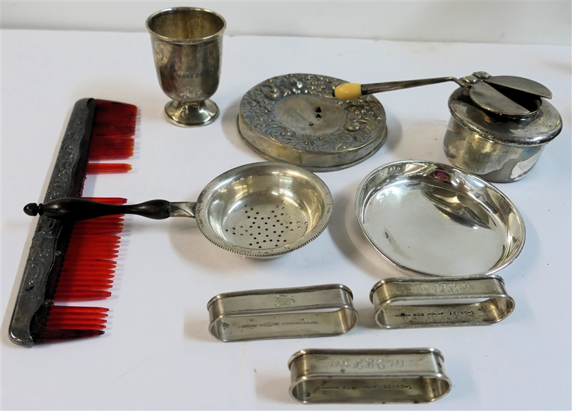 Sterling Silver Lot including 3 Napkin Rings, Burner, Small Round Dish, Comb, Tea Strainer, and Footed Toothpick Holder -  330.3 Grams Total Weight 