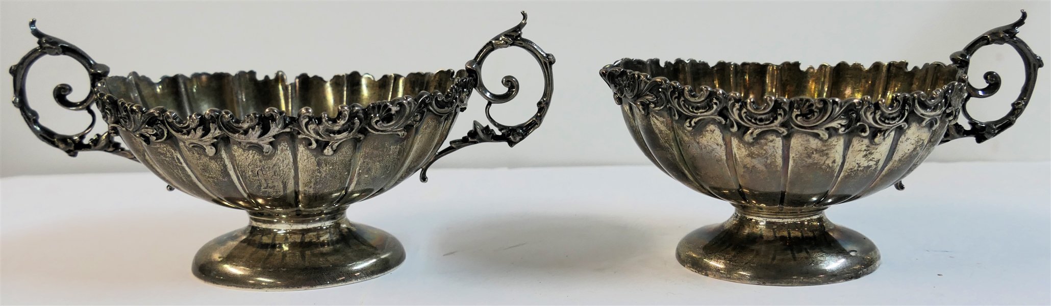 Fine Hallmarked Sterling Silver Cream and Sugar Set - Fluted Body with Scrolled Trim and Handles - Both Numbered 2965 - Sugar Bowl Measures 2 1/4" Tall 6 1/2" Handle to Handle - 334 Grams Total Weight