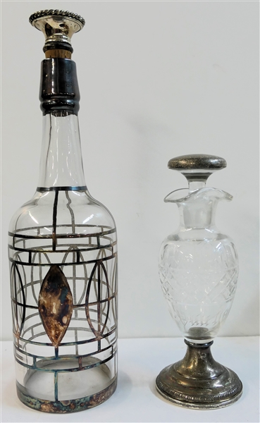 Cut Glass Vinegar Bottle with Weighted Sterling Silver Base and Silver Overlay Stopper and Sterling Silver Overlay Decanter - Vinegar Bottle Measures 8" Tall 