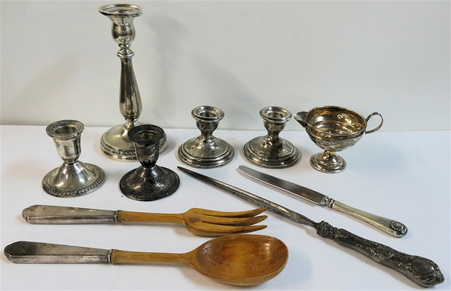 10 Sterling Silver Pieces including 5 Weighted Candle Sticks, Weighted Creamer, Sterling Handled Salad Set and Sterling Handled Carving Set - Tallest Candle Stick Measures 7" Tall 