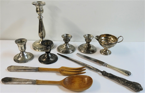 10 Sterling Silver Pieces including 5 Weighted Candle Sticks, Weighted Creamer, Sterling Handled Salad Set and Sterling Handled Carving Set - Tallest Candle Stick Measures 7 Tall 