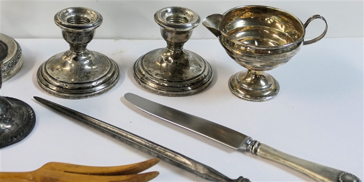 10 Sterling Silver Pieces including 5 Weighted Candle Sticks, Weighted Creamer, Sterling Handled Salad Set and Sterling Handled Carving Set - Tallest Candle Stick Measures 7 Tall 