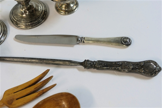 10 Sterling Silver Pieces including 5 Weighted Candle Sticks, Weighted Creamer, Sterling Handled Salad Set and Sterling Handled Carving Set - Tallest Candle Stick Measures 7 Tall 