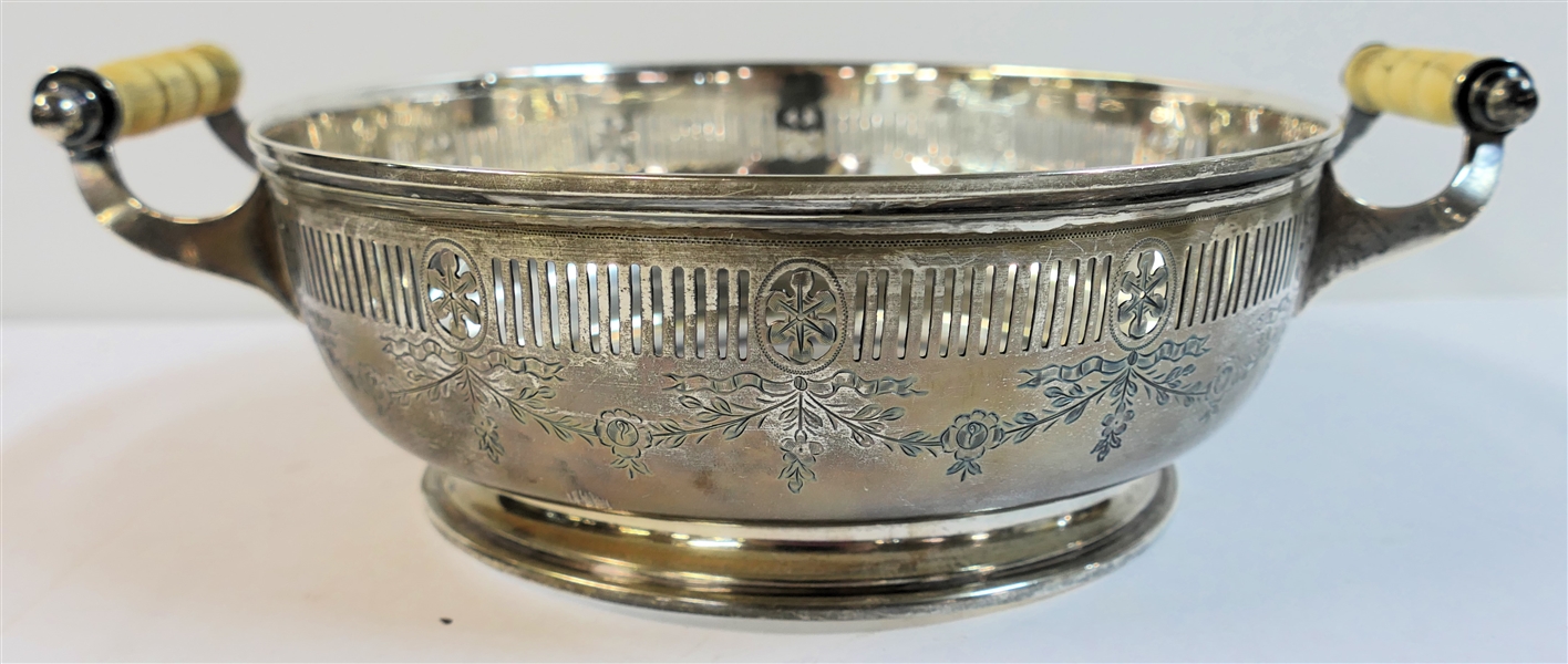 1917 Gorham Sterling Silver Dish Holder with Ivory / Bone Handles - Measures 3" Tall 7 3/4" Across - Weighs 357.2 Grams 