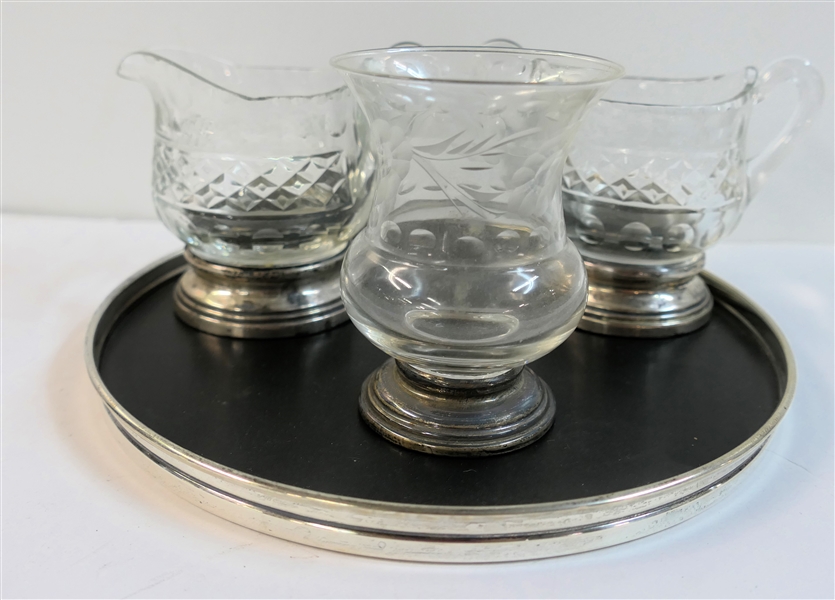 Gorham Sterling Silver "Trivitray" Cut Glass Sterling Silver Based Cream and Sugar, and Sterling Silver Based Toothpick Holder - Tray Measures 7 3/8" Across