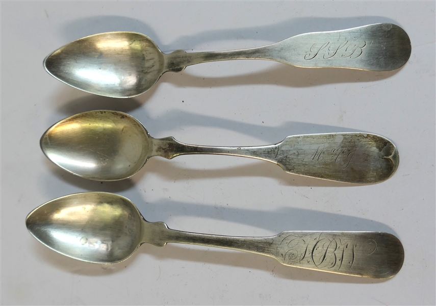 3 - Coin Silver Tea Spoons - Nashua - Beason & Reed - New Hampshire, L. Scott, and Other Hallmarked Fiddle Handle - Spoons Weigh 48.5 Grams - All Monogramed