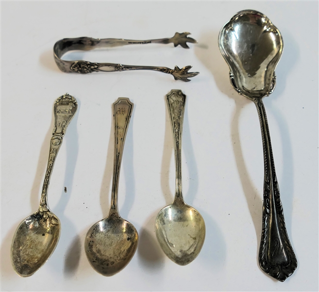 5 Sterling Silver Utensils  - Sugar Spoon, Claw Handled Tongs, 2 Coffee Spoons, and 1 "Aries" Souvenir Spoon - 58.8 Grams Total Weight 