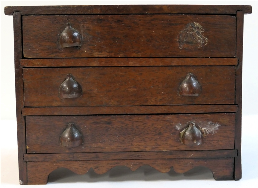 Miniature Walnut 3 Drawer Chest with Turnip Shaped Wood Carved Pulls - Solid Ends - Scalloped Bottom Trim - Chest Measures 5 1/4" Tall 7" by 3 3/4" - One Pull is Missing 