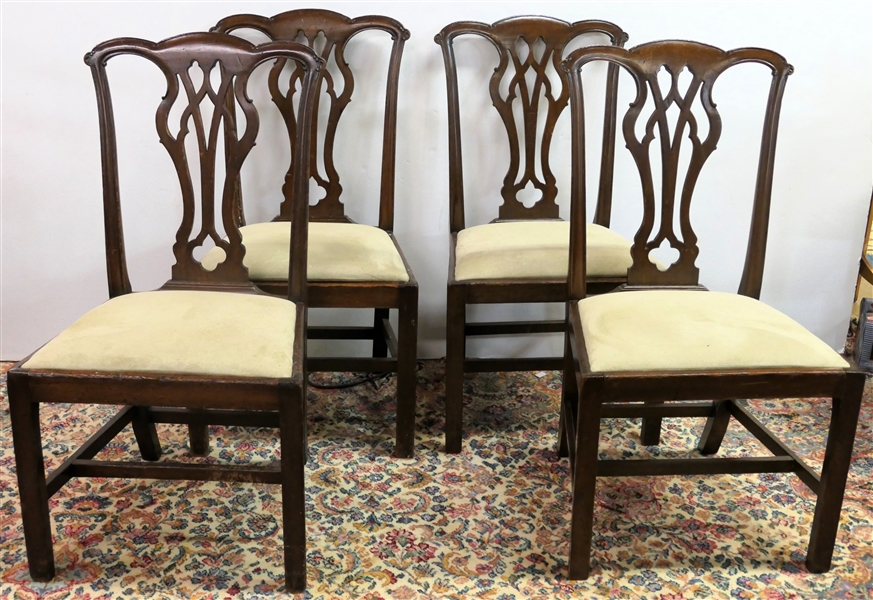 Set of 4 Eighteenth Century American Chippendale Side Chairs - Chamfered Marlborough Legs -H Stretchers - Reupholstered Seats with Tan Ultra Suede Seats - One Chair Has Pegged Repair on Apron - See...