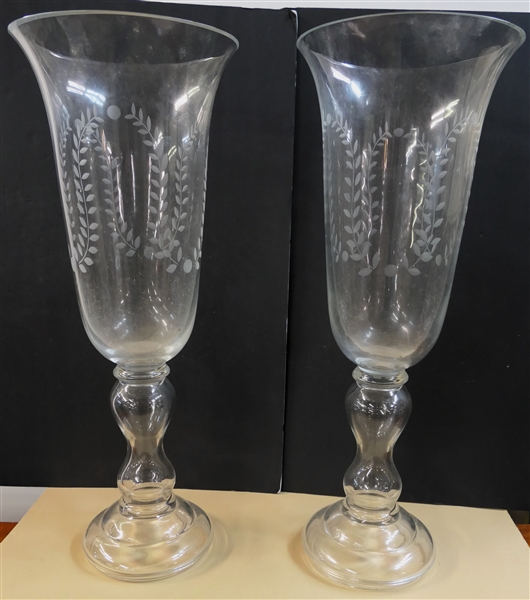 Pair of Huge Etched Hurricane Candle Vases - Etched laurel Leaves - Each Pedestal Vase  Measures 25 1/2" Tall 9 1/2" Across Top