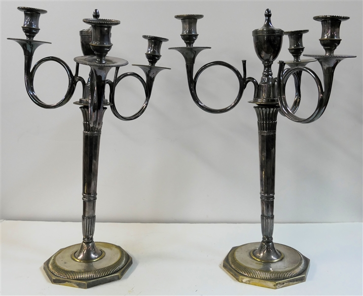 Pair of Fine Silverplate Candelabras - Each Candle Stick Can Be Used as 4 Light, 3 Light, or Single Light - As Pictured As 3 Light Each Candle Stick Measures 17" Tall - One Candle Stick Is Slightly...