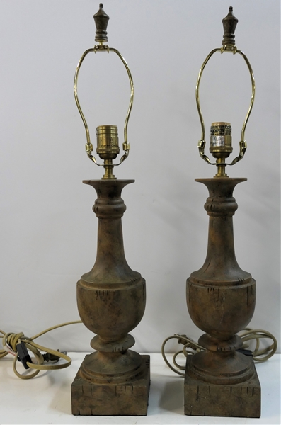 Pair of Aidan Gray Wood Baluster Style Table Lamps - Original Finials, Cloth Cords with Switches on Cords - Manufactured 2007 - Each Lamp Measures 18" to Bulb  