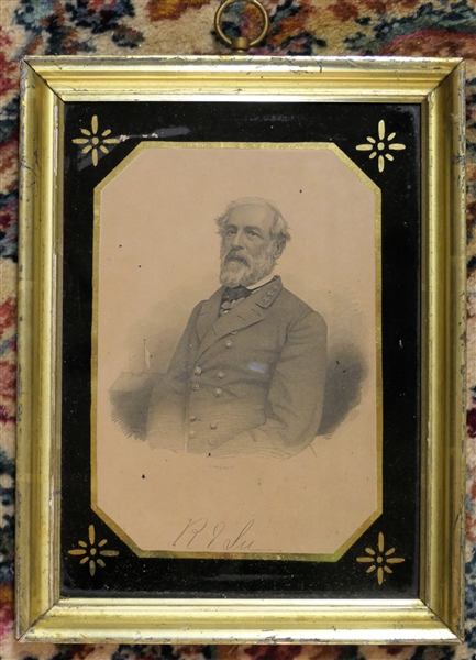 Framed Portrait of Robert E. Lee in Gold Gilt Frame - Reverse Painted Black Mat - Frame Measures 10 1/2" by 8" 