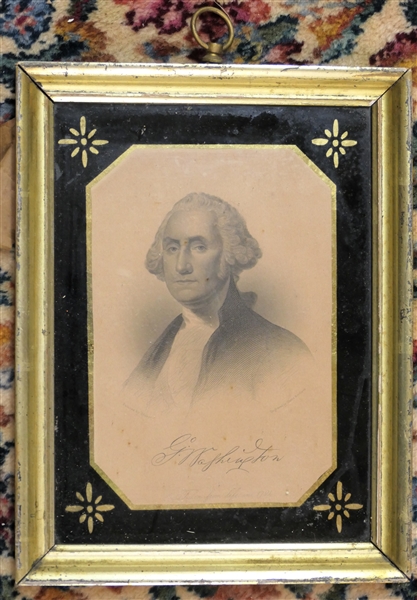 Framed Portrait of George Washington in Gold Gilt Frame - Reverse Painted Black Mat - Frame Measures 10 1/2" by 8" 