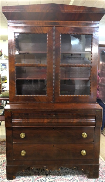 Empire Flame Mahogany Bookcase Secretary with Fold Down Writing Surface - Top Book Case with Double Glass Doors Over 3 Drawers - Scalloped Apron -Solid Ends with Scalloped Trim at Feet -  2 Piece...