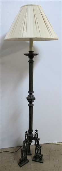 Heavy Bronze Gothic Style Floor Lamp - Pleated Off White Shade - Lamp Measures 59" To Bulb 