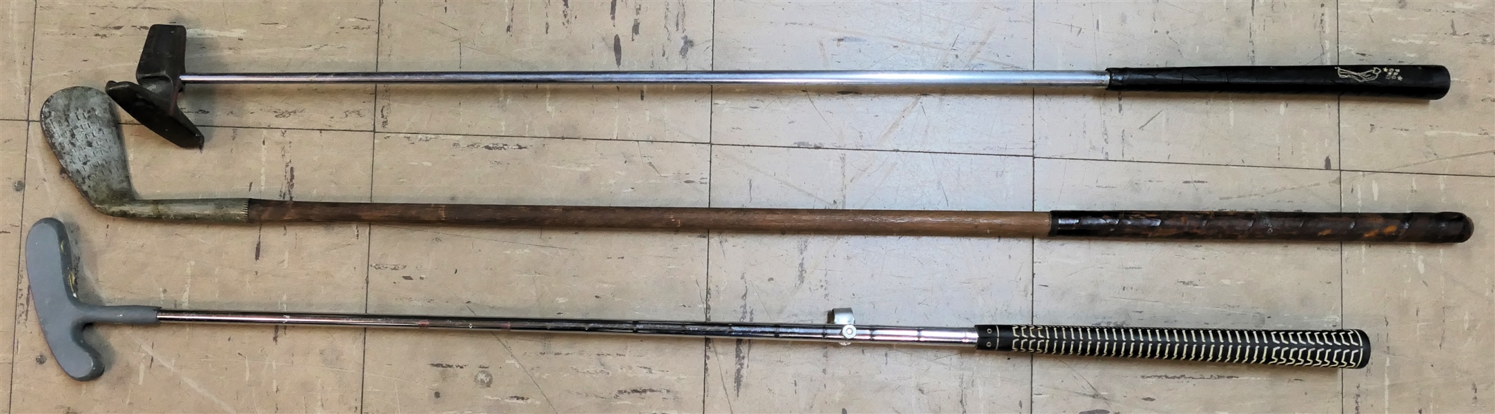 3 Putters - 1  Hickory Shaft "Mashie Hoy Line Special", Nassau Hogland with Unusual Head, and Other Putter